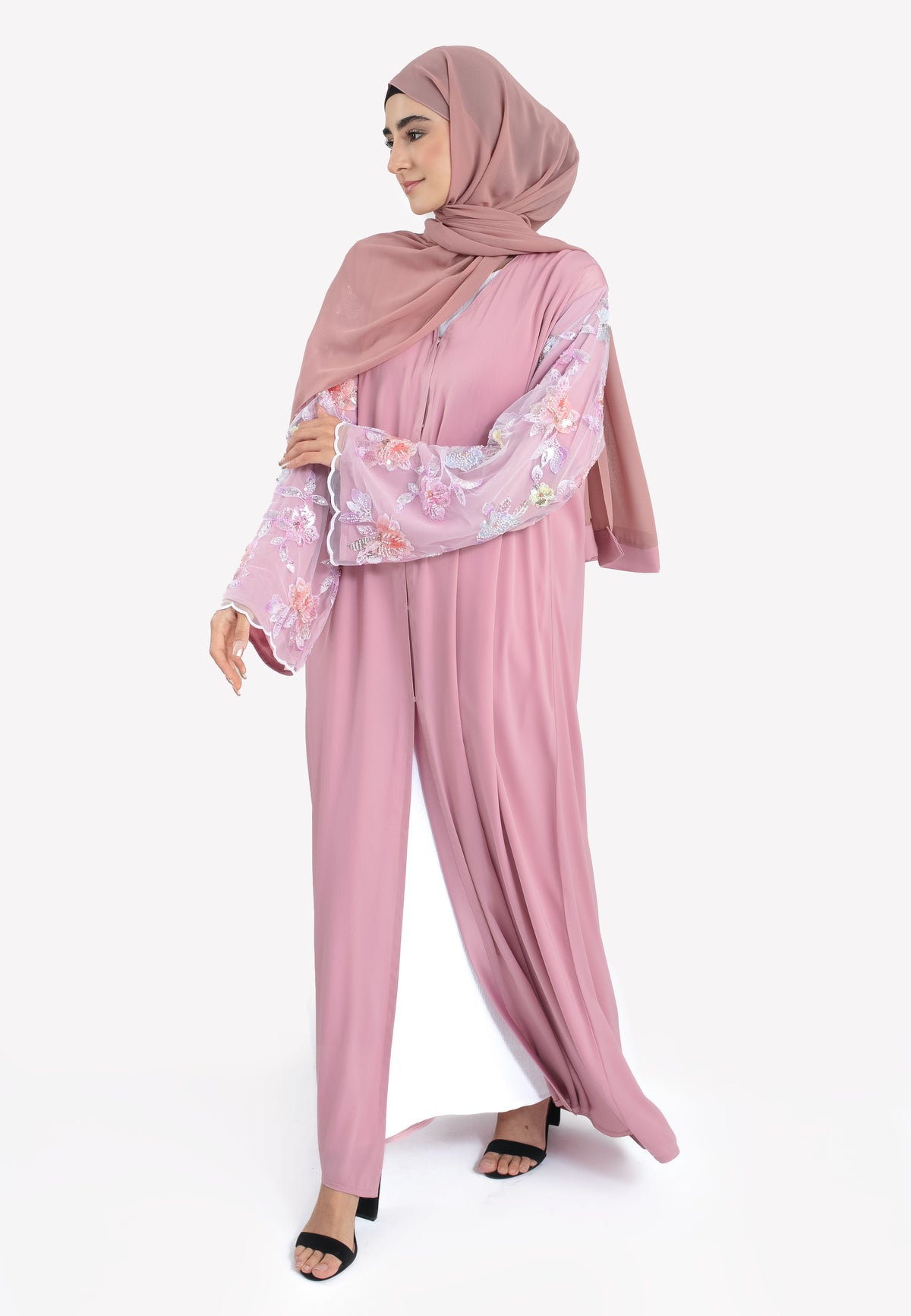 Pink Floral Satin Open Abaya