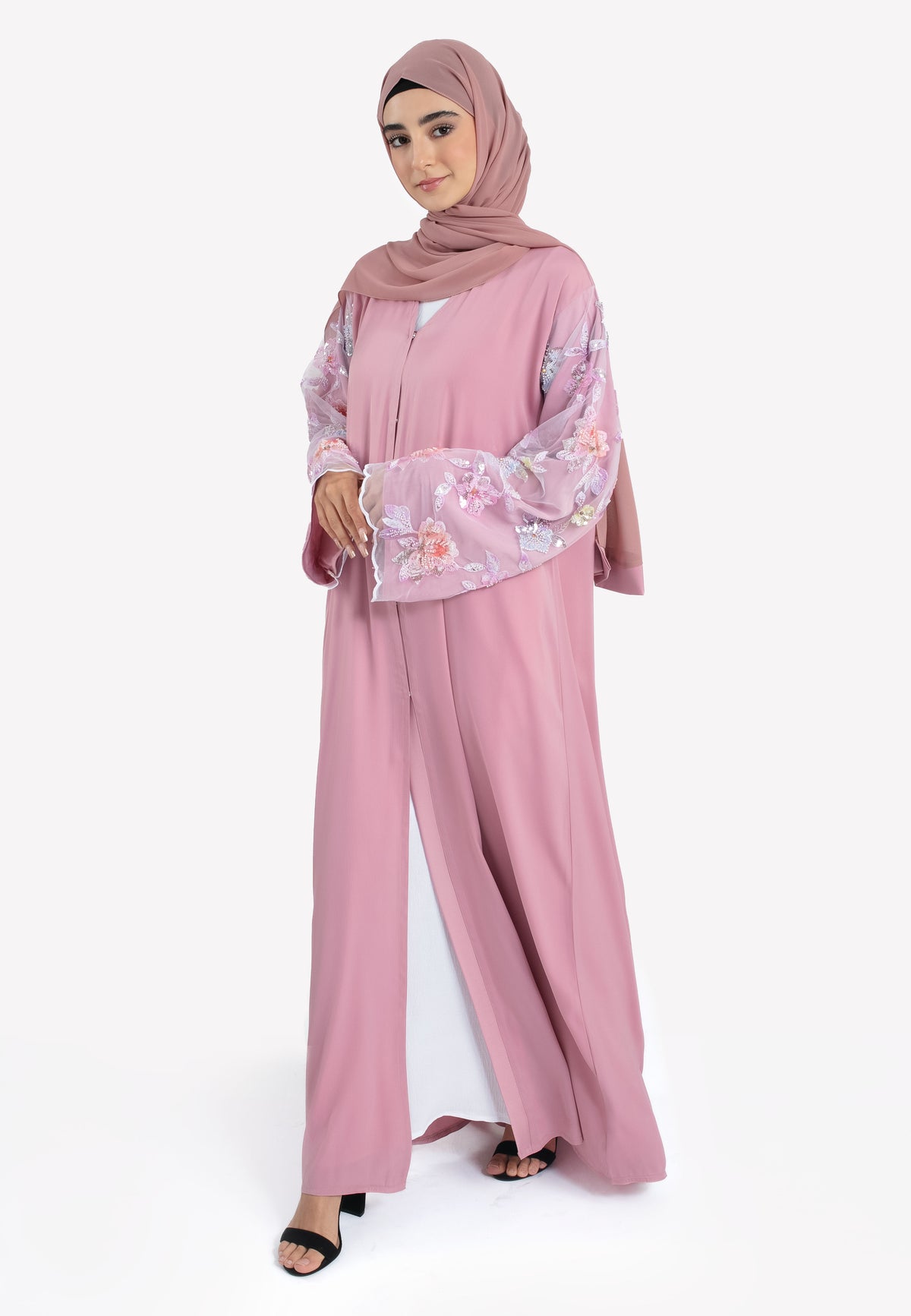 Pink Floral Satin Open Abaya - Front Closed