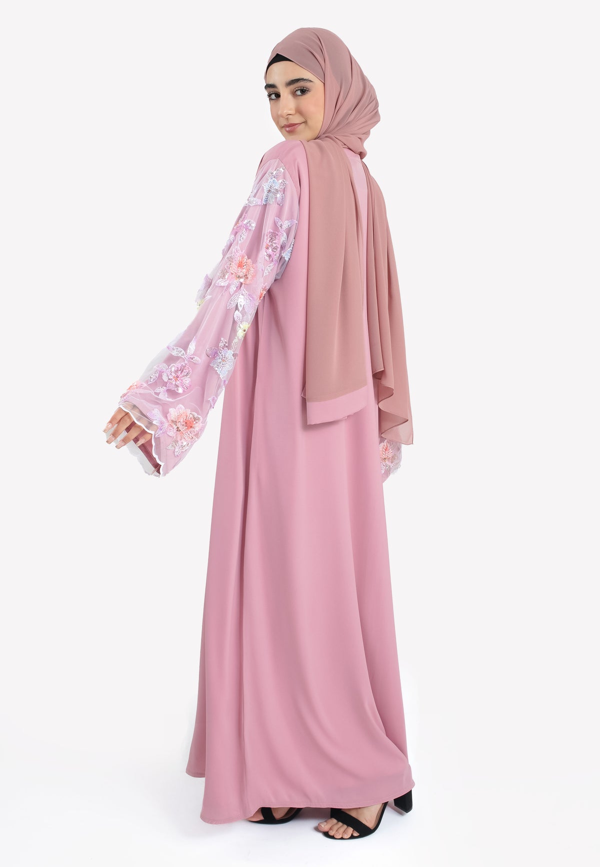Pink Floral Satin Open Abaya - Side