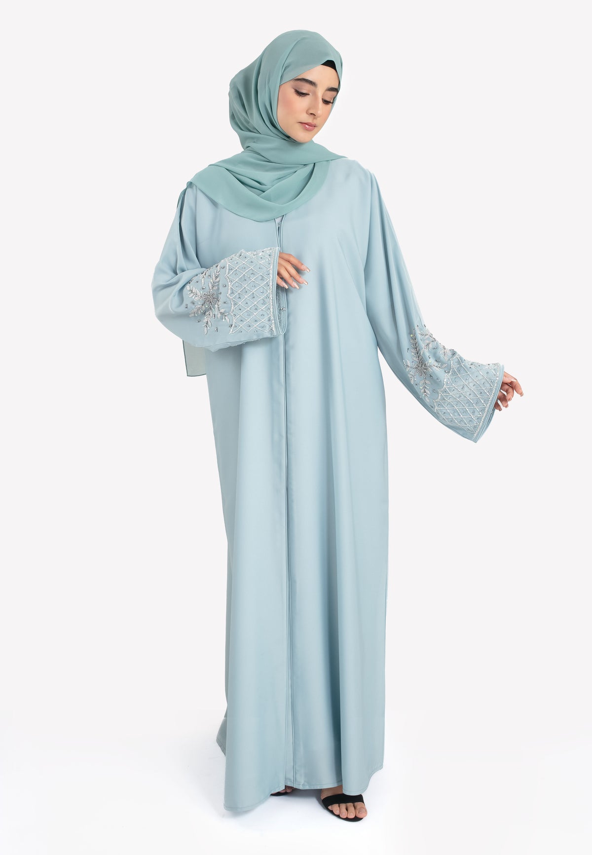 Serene Sky Embellished Open Abaya