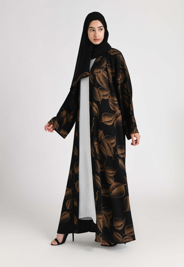Leaf print open abaya