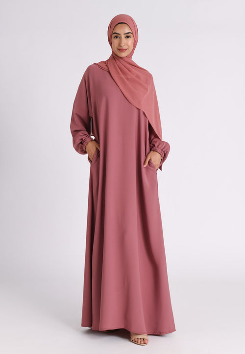 Soft Rosewood Closed Abaya with Zip Pockets & Cuff Sleeves (Premium)