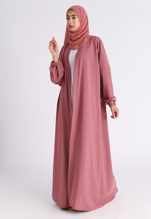 Soft Rosewood Plain Open Abaya With Elasticated Cuff Sleeves (Premium)