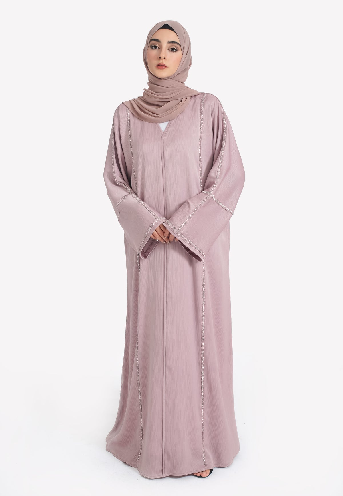 Pink Embellished Closed Abaya - Front