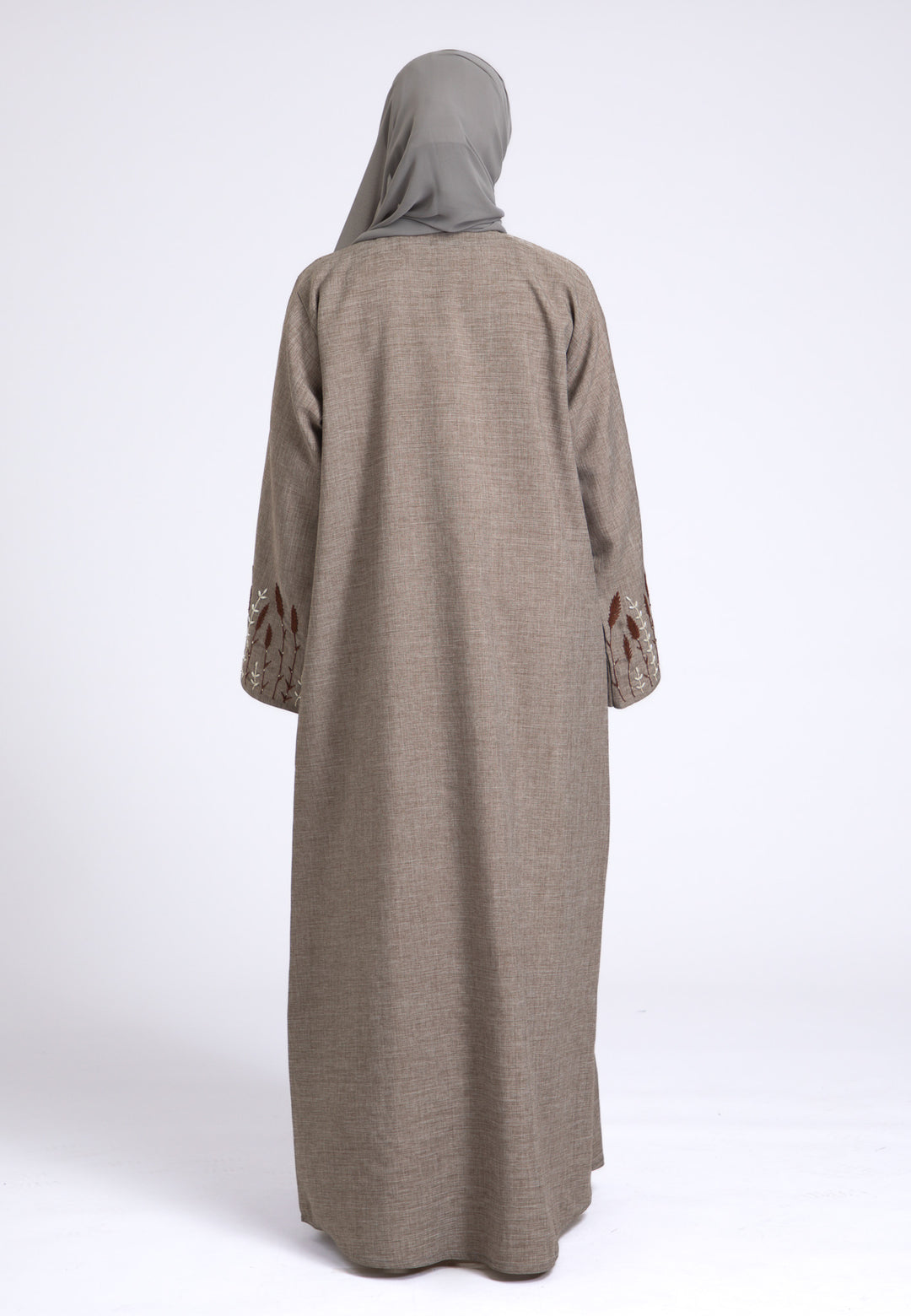 Stone Grey Embroidered Linen Open Abaya