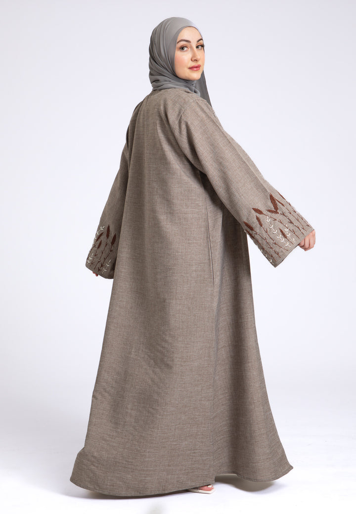 Stone Grey Embroidered Linen Open Abaya