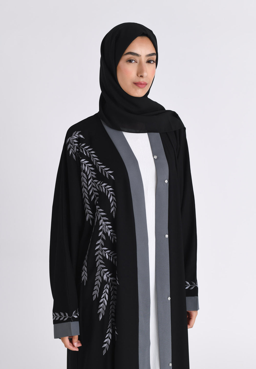 Stone Grey Embroidered Open Abaya