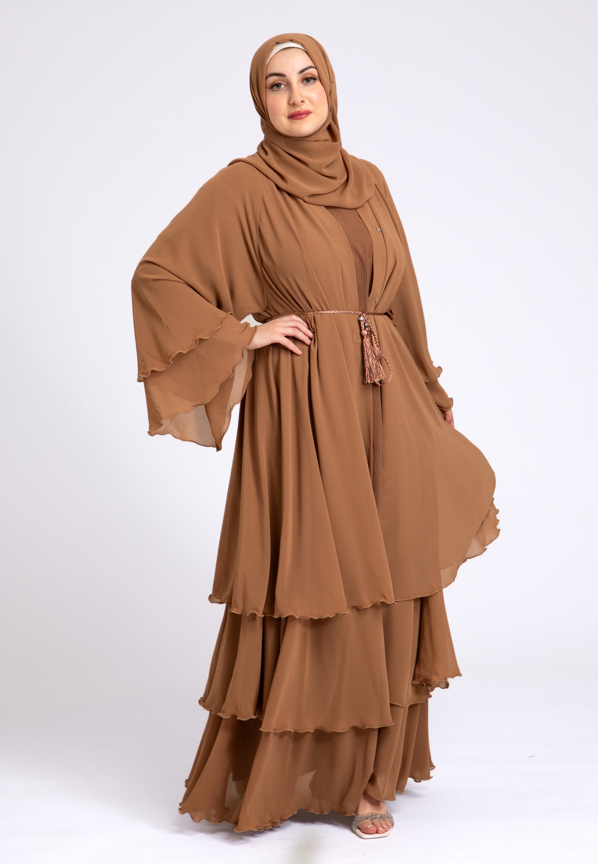 Tan 3 Layered Open Abaya