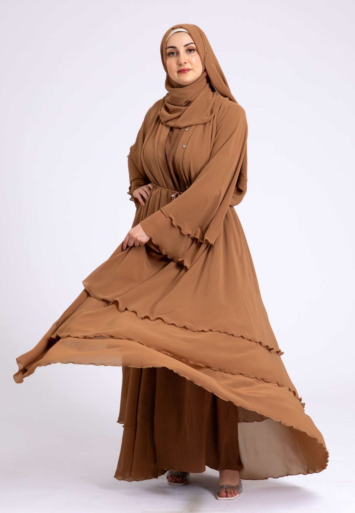Tan 3 Layered Open Abaya