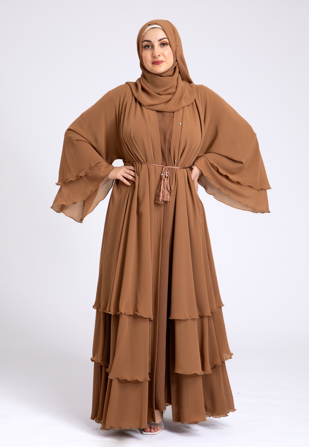 Tan 3 Layered Open Abaya