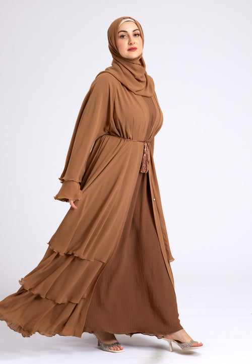 Luxury Tan 3 Layered Open Abaya with Inner Dress