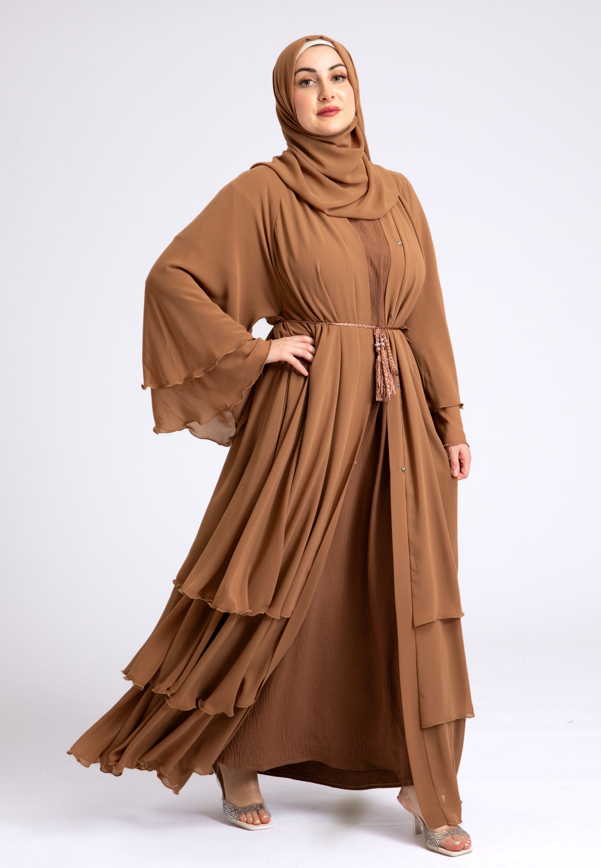 Tan 3 Layered Open Abaya