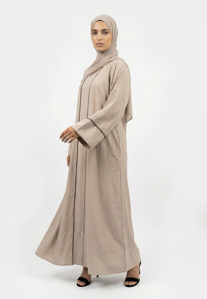 Taupe Four-Piece Open Abaya Set With Dainty Detailing