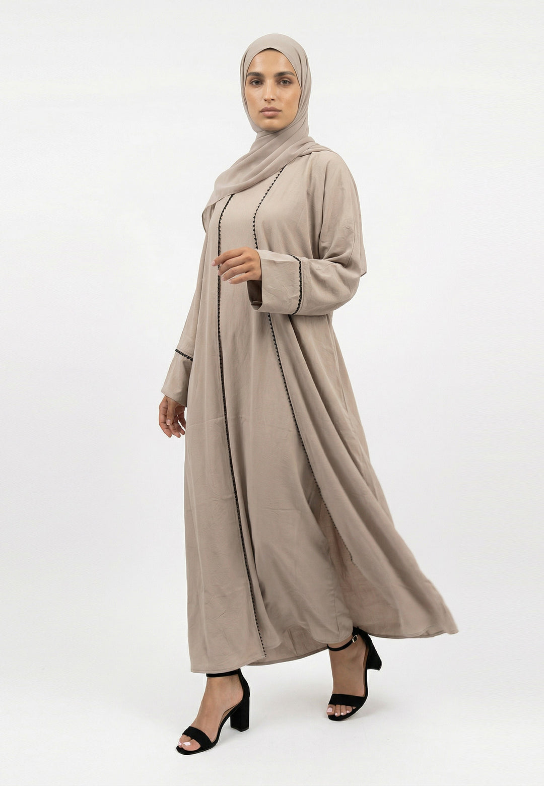Taupe Four-Piece Open Abaya Set With Dainty Detailing