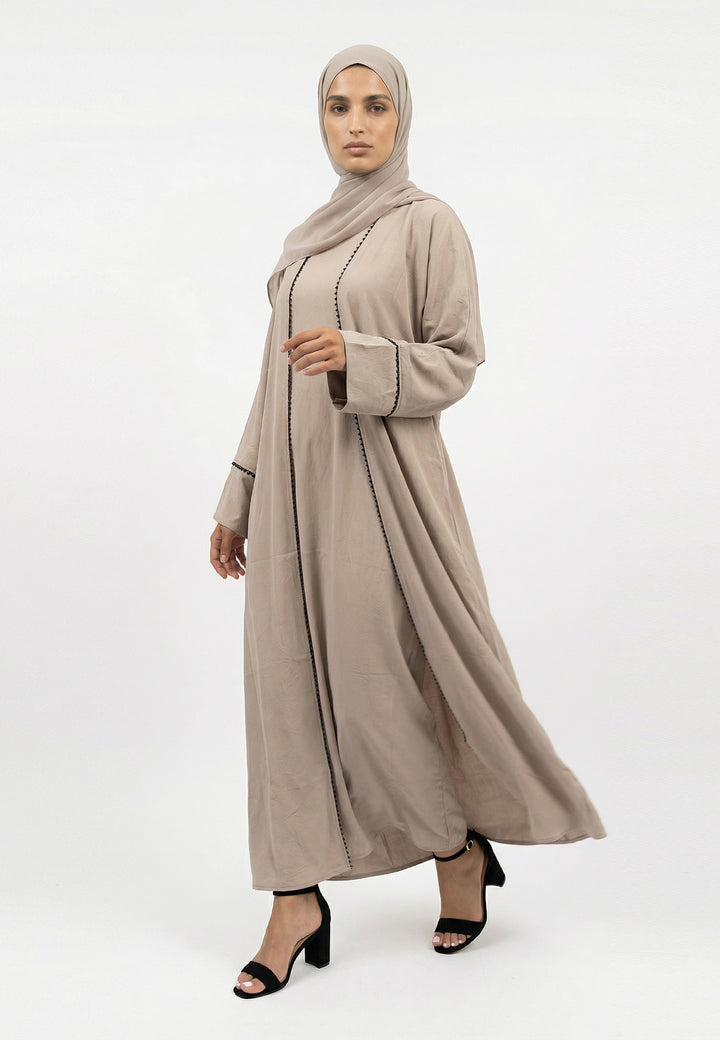 Taupe Four-Piece Open Abaya Set With Dainty Detailing