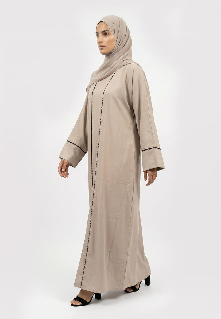Taupe Four-Piece Open Abaya Set With Dainty Detailing
