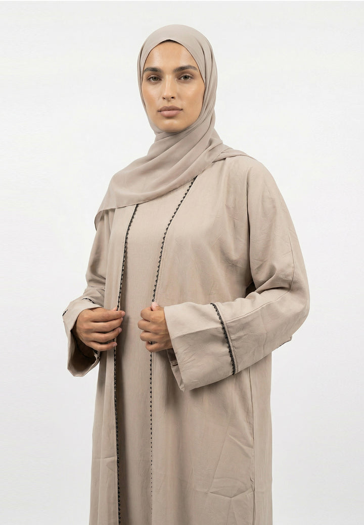 Taupe Four-Piece Open Abaya Set With Dainty Detailing