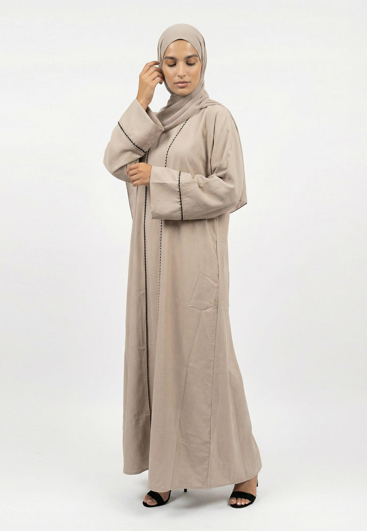 Taupe Four-Piece Open Abaya Set With Dainty Detailing