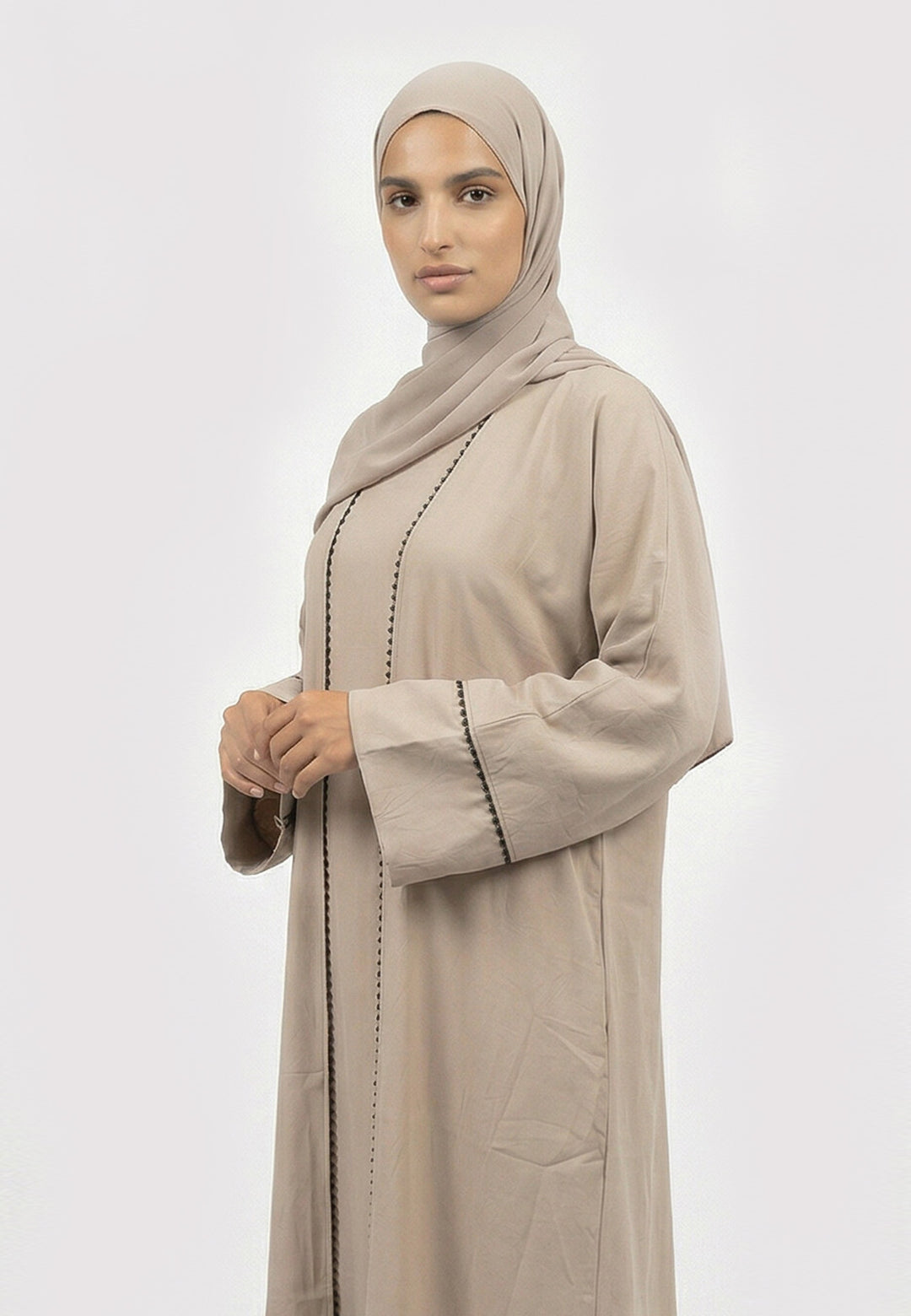 Taupe Four-Piece Open Abaya Set With Dainty Detailing