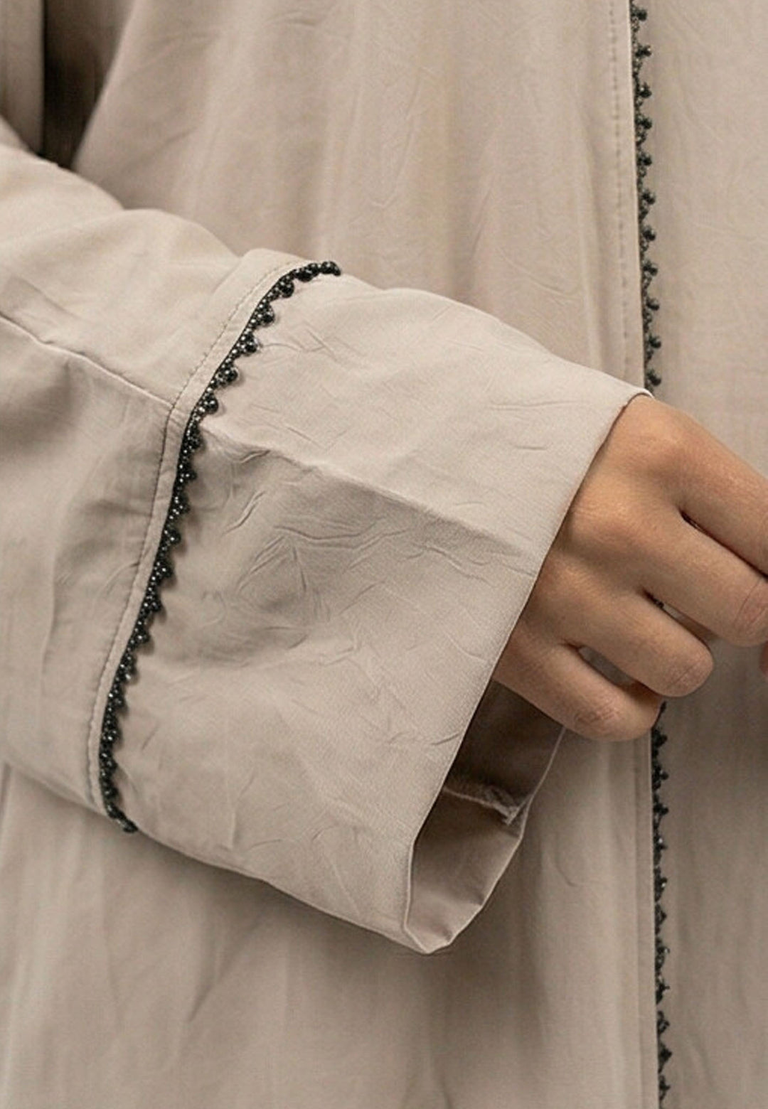 Taupe Four-Piece Open Abaya Set With Dainty Detailing
