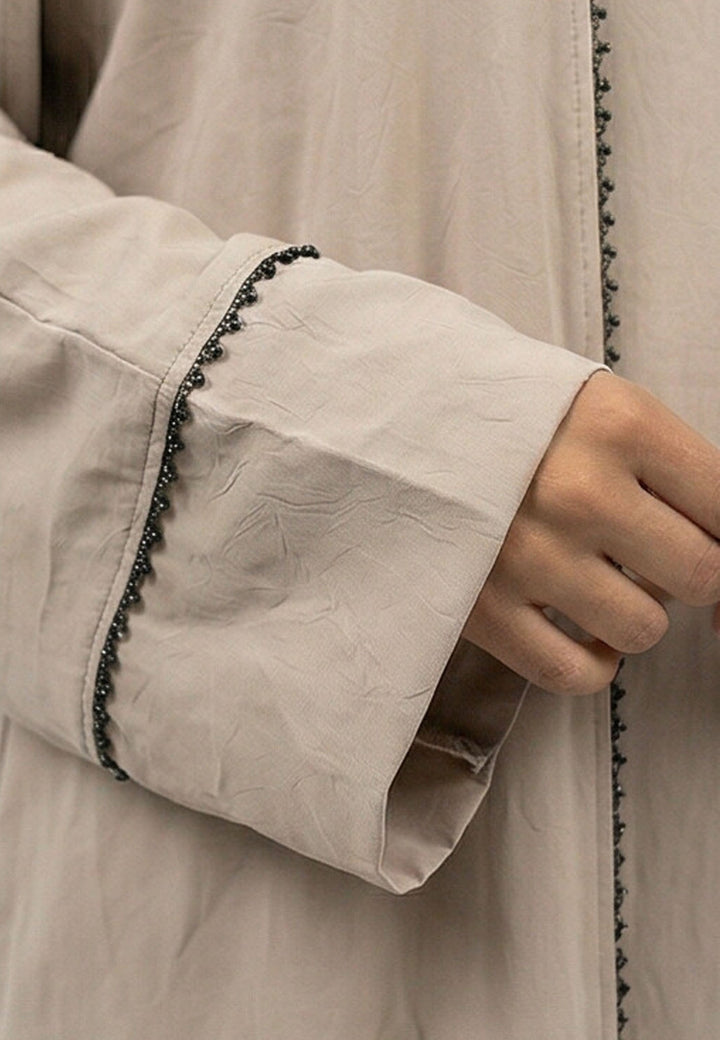 Taupe Four-Piece Open Abaya Set With Dainty Detailing
