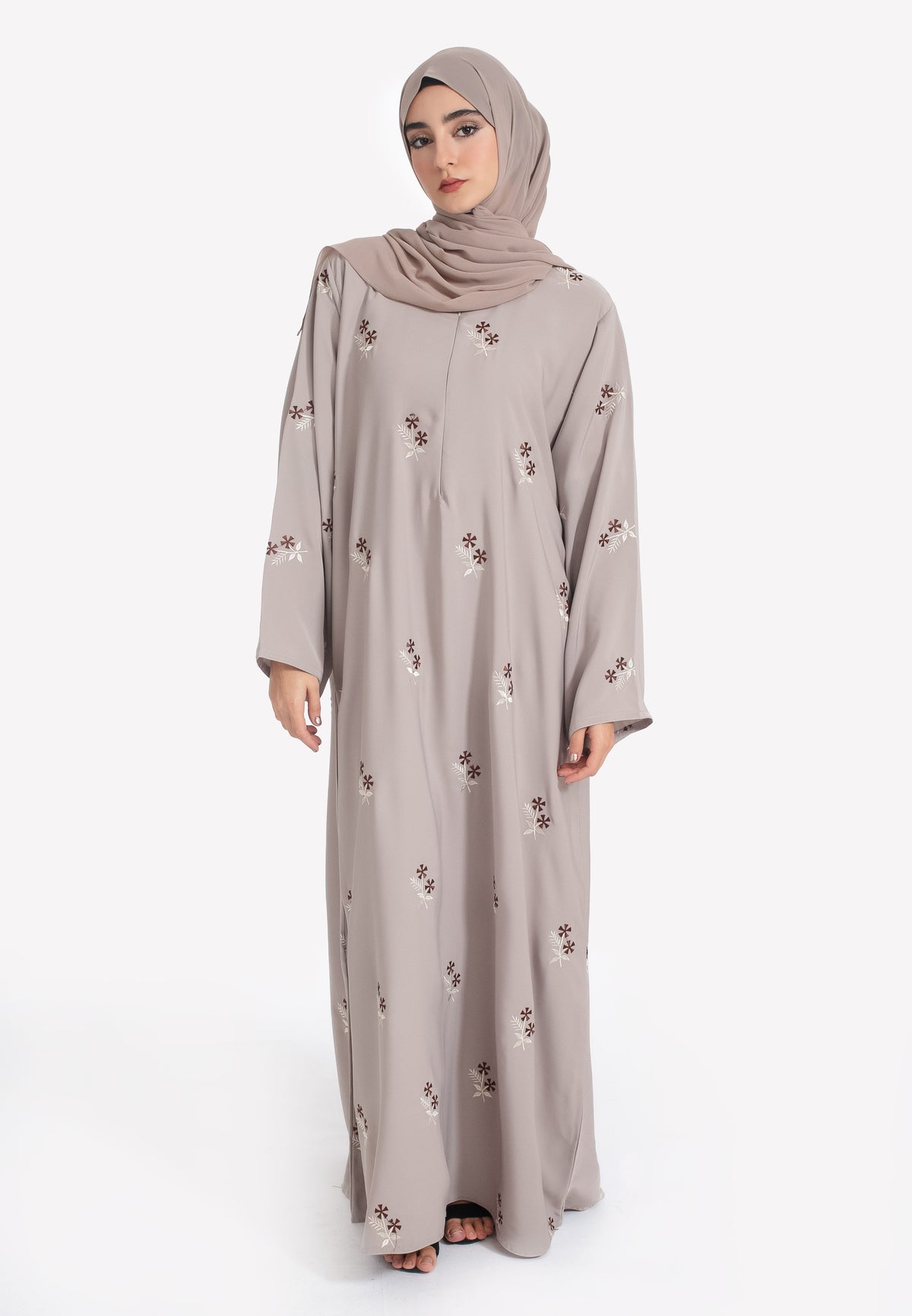 Taupe Embroidered Abaya with Hijab