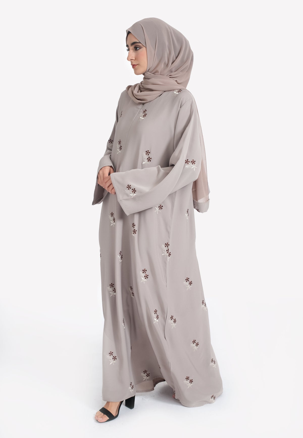 Taupe Floral Embroidered Nursing Abaya