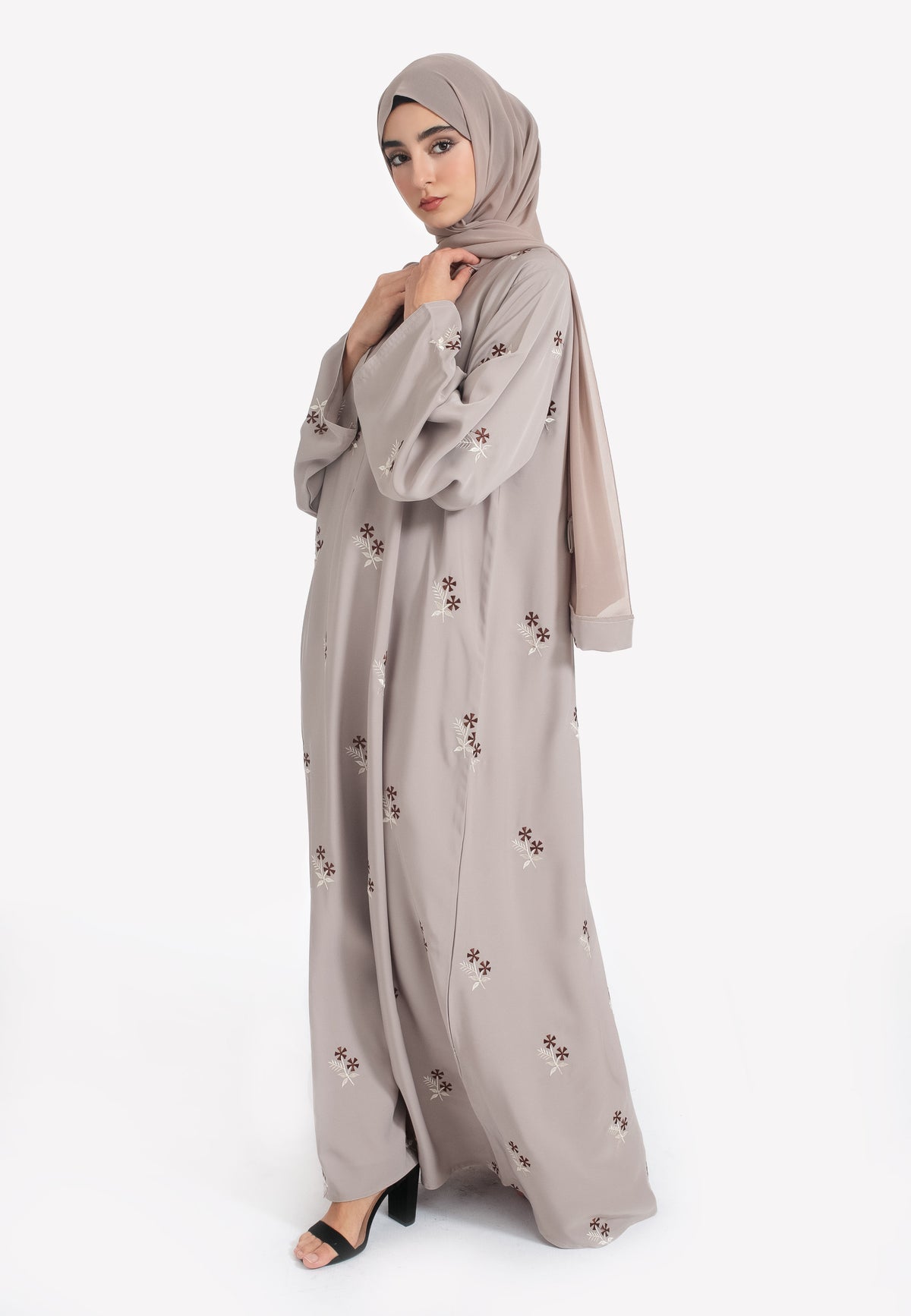 Taupe Floral Embroidered Nursing Abaya