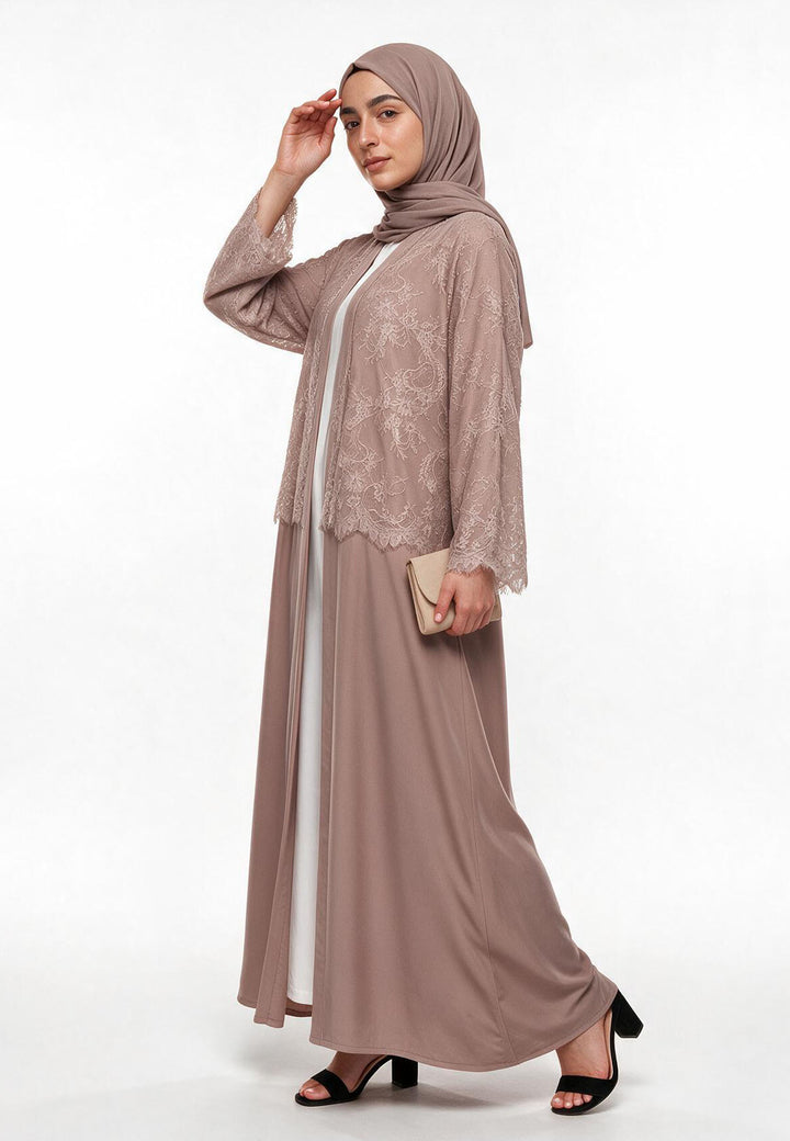 Mocha Lace Cape Open Abaya (Premium)