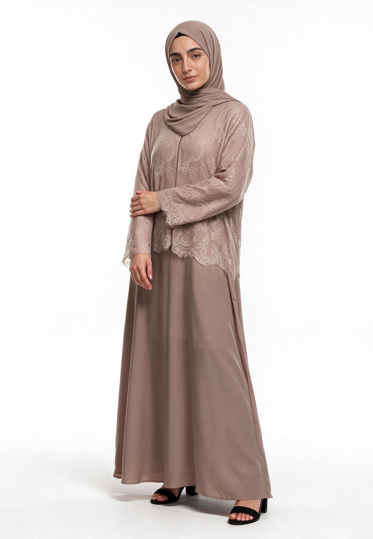 Mocha Lace Cape Open Abaya (Premium)