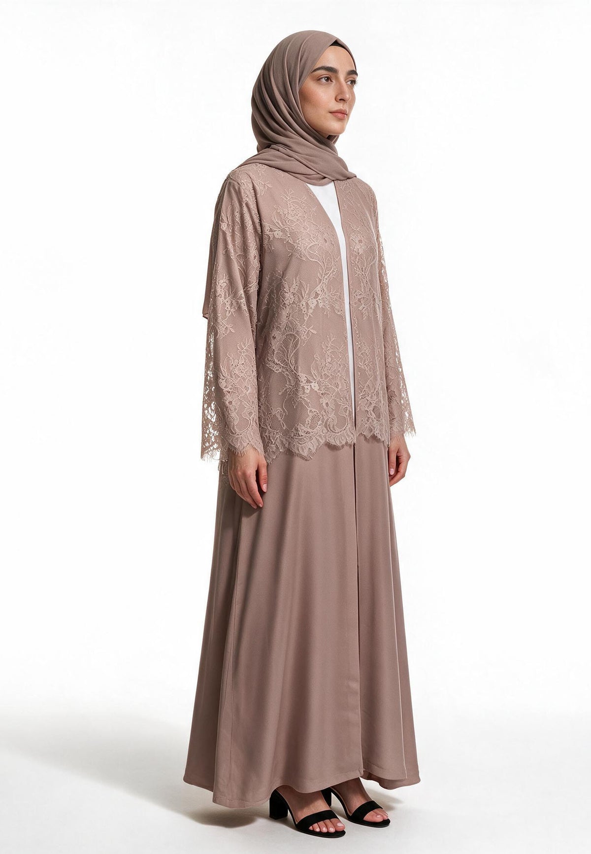 Mocha Lace Cape Open Abaya (Premium)