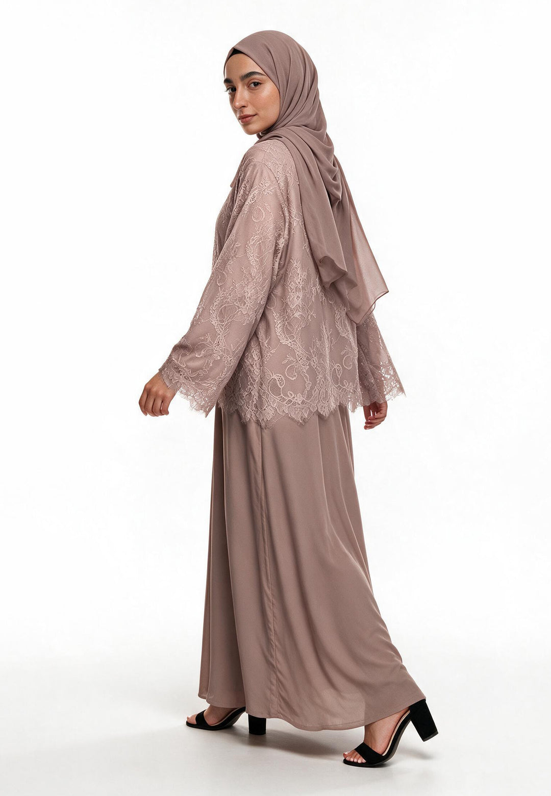 Mocha Lace Cape Open Abaya (Premium)