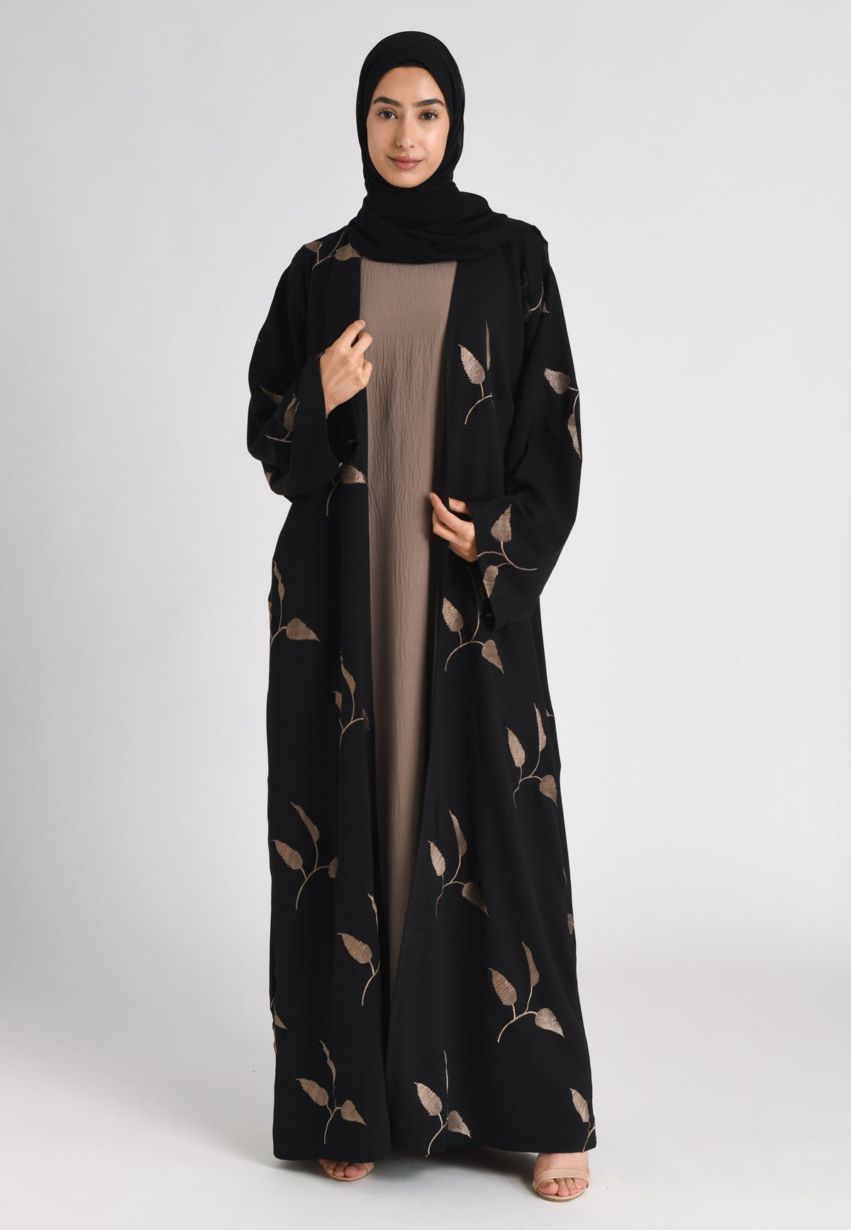 Taupe Leaf Embroidered Kimono Open Abaya Set
