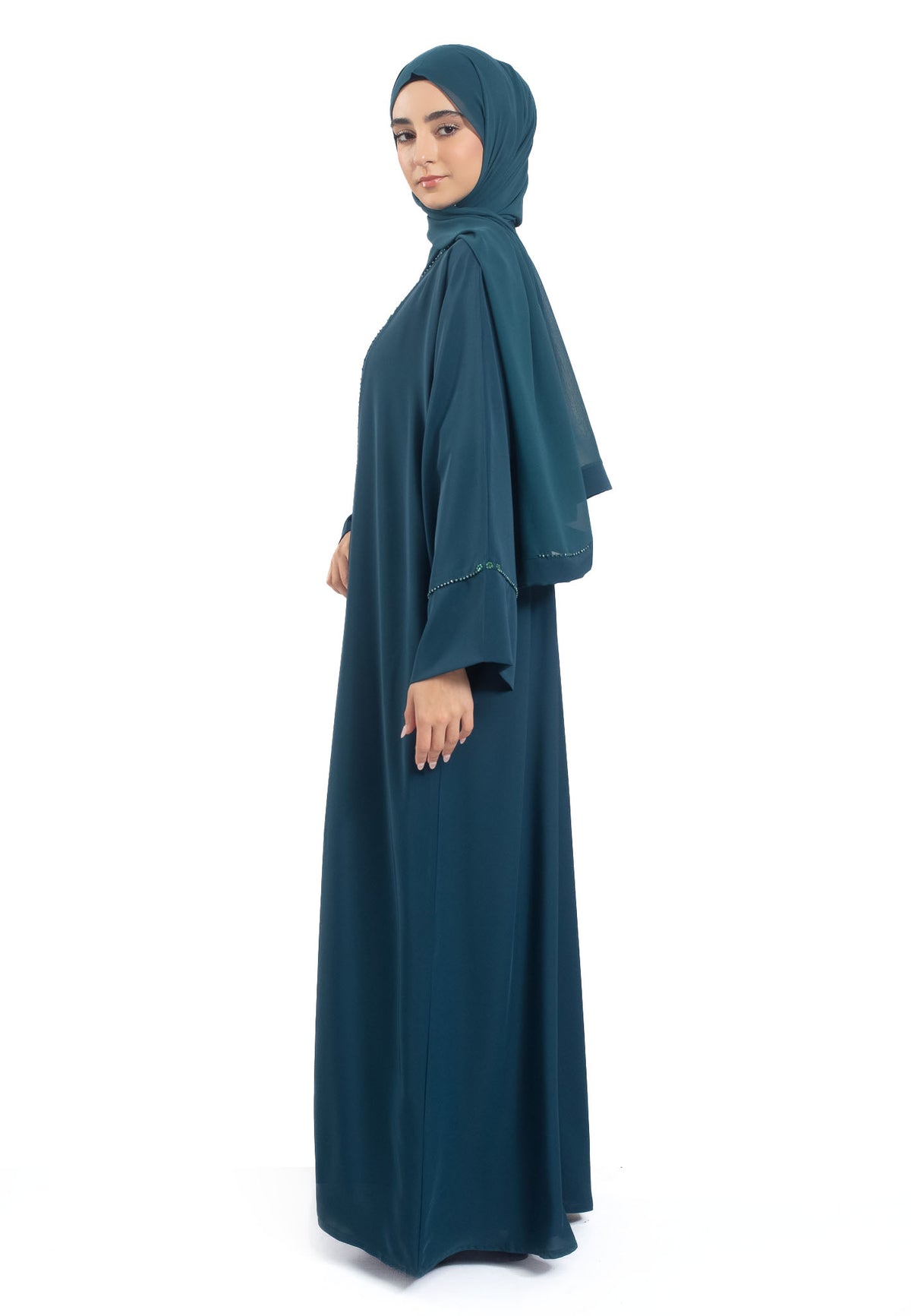 Premium Teal Open Abaya 3-Piece Kimono Set