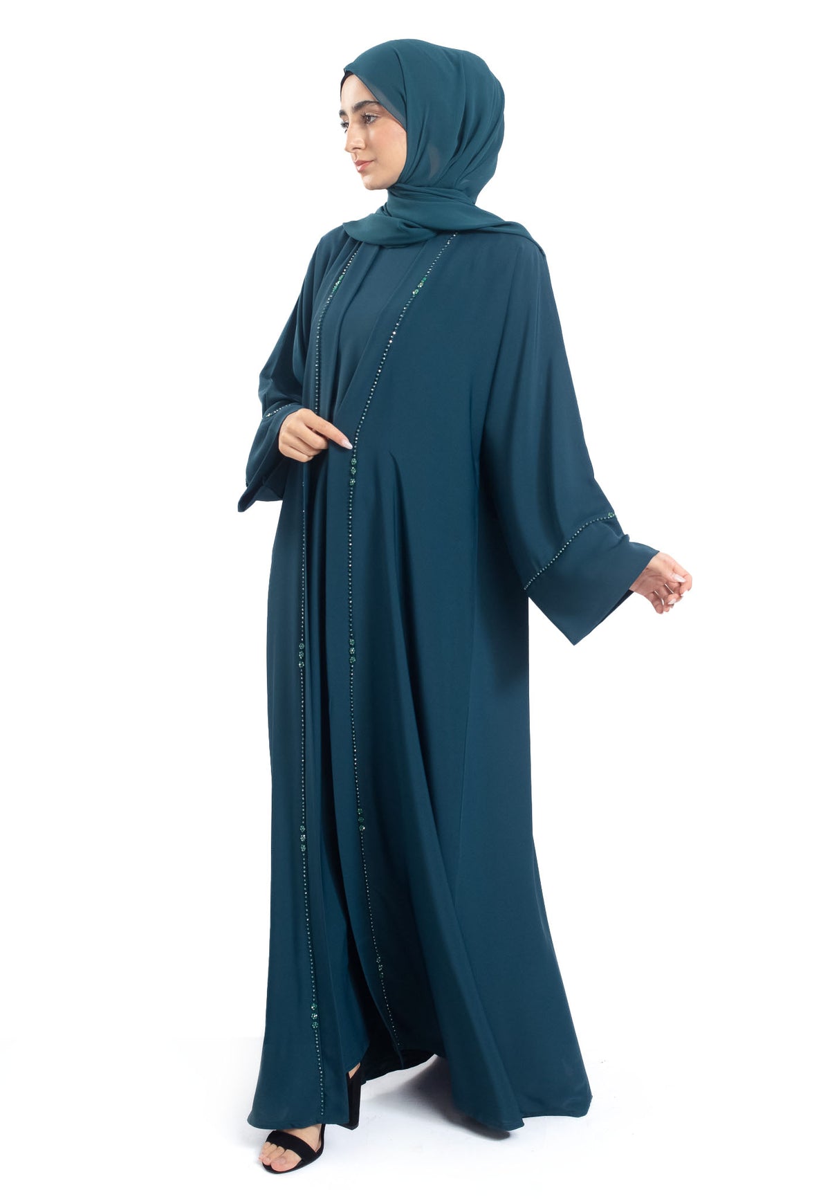 Premium Teal Open Abaya 3-Piece Kimono Set