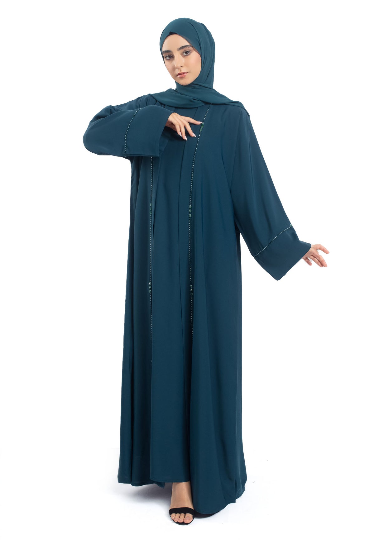 Premium Teal Open Abaya 3-Piece Kimono Set
