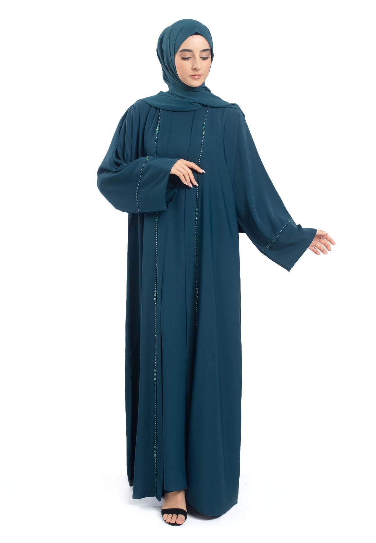 Premium Teal Open Abaya 3-Piece Kimono Set