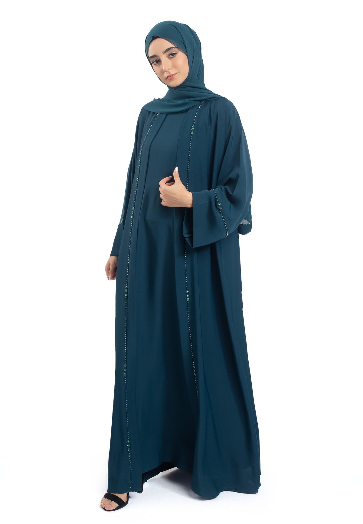 Premium Teal Open Abaya 3-Piece Kimono Set