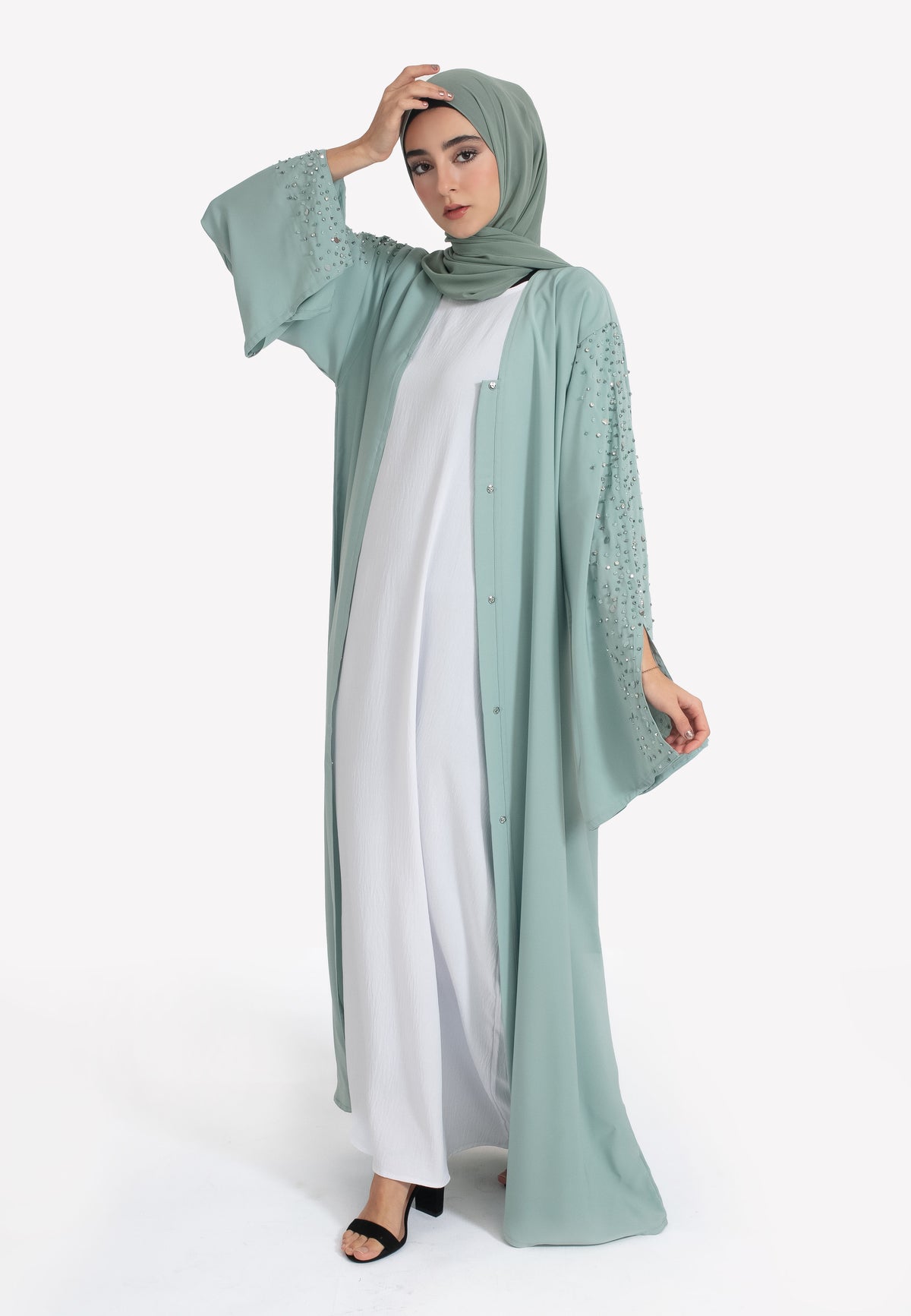 Tiffany Blue Embellished Abaya - Front