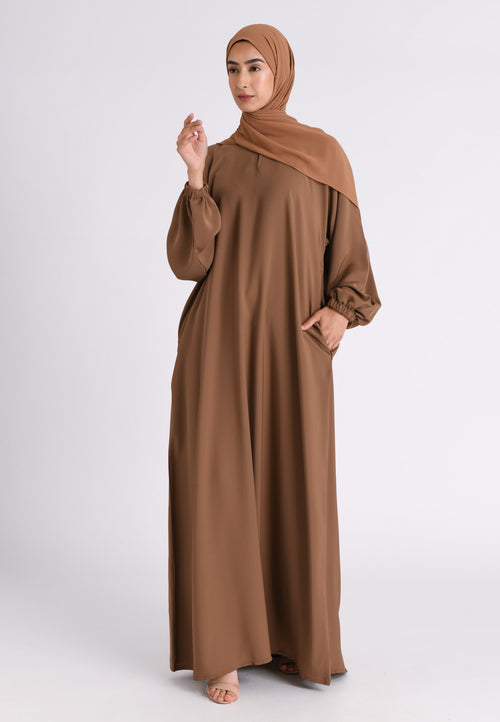 Toffee Closed Abaya with Zip Pockets & Cuff Sleeves (Premium)