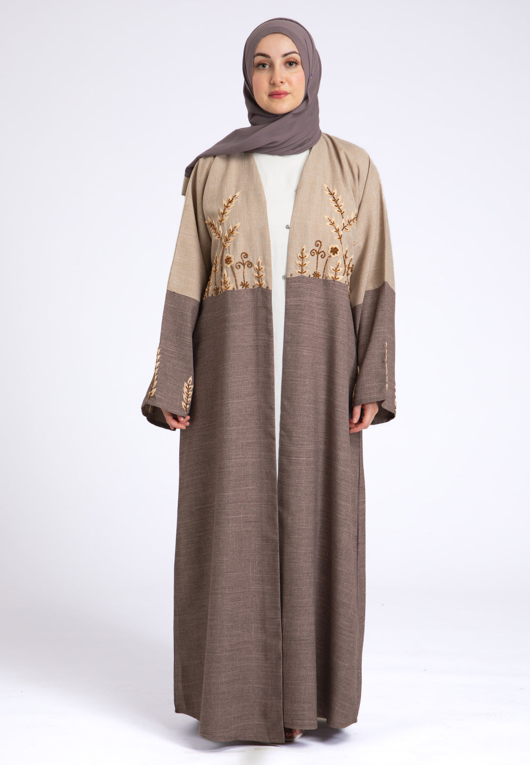 Two Toned Fawn & Taupe Linen Open Abaya