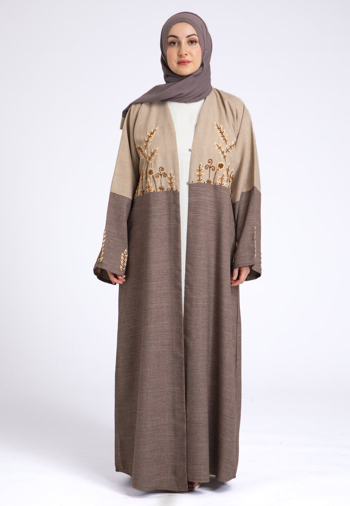 Two Toned Fawn & Taupe Linen Open Abaya
