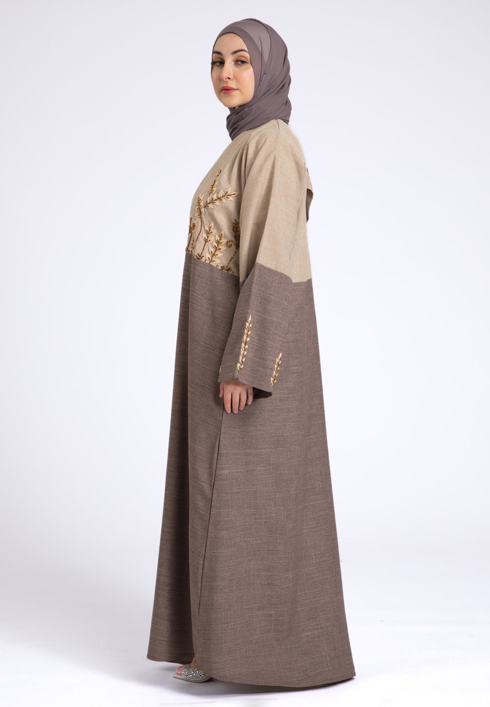 Two Toned Fawn & Taupe Linen Open Abaya