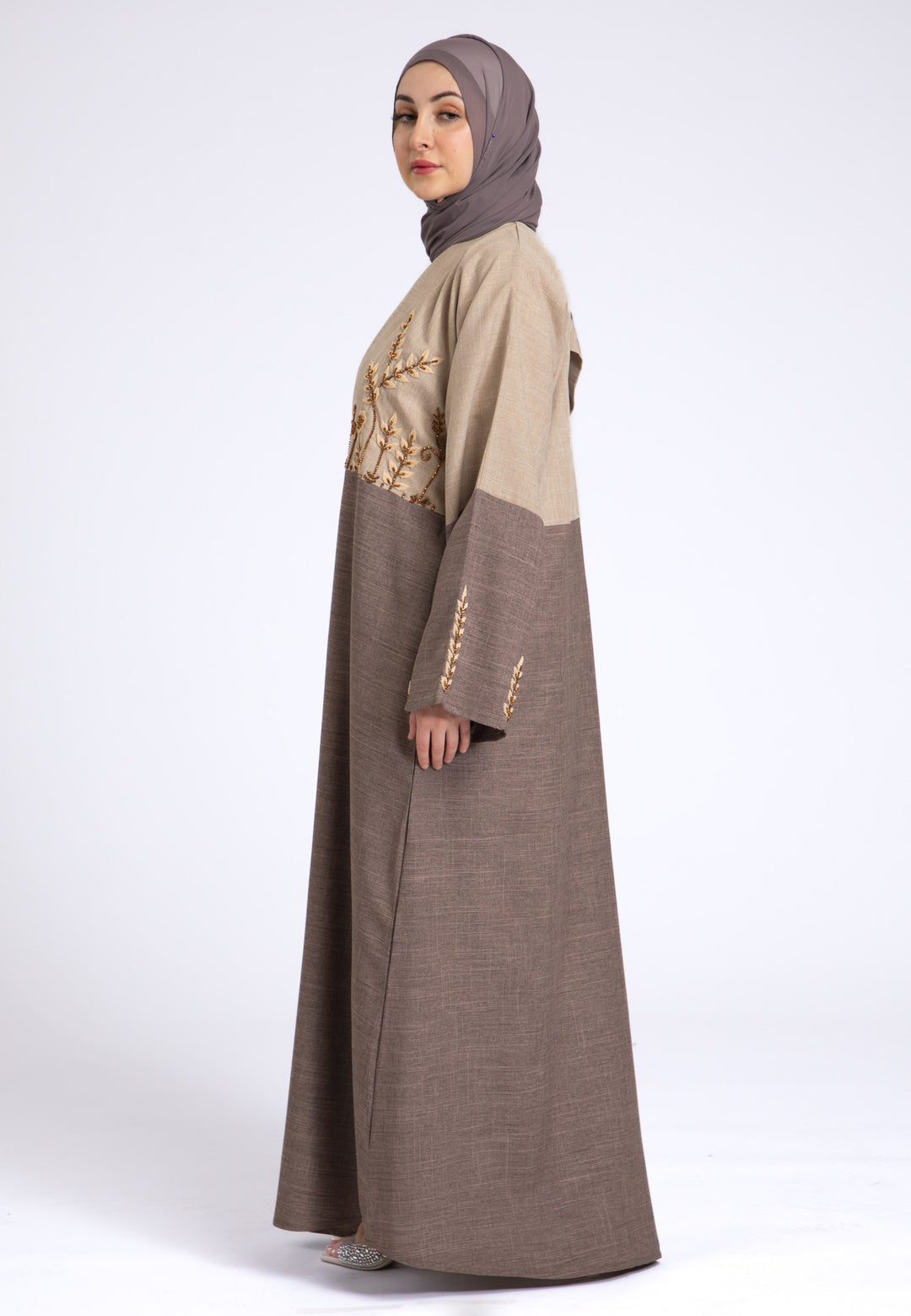 Two Toned Fawn & Taupe Linen Open Abaya