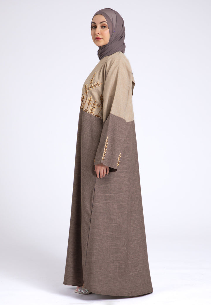 Two Toned Fawn & Taupe Linen Open Abaya