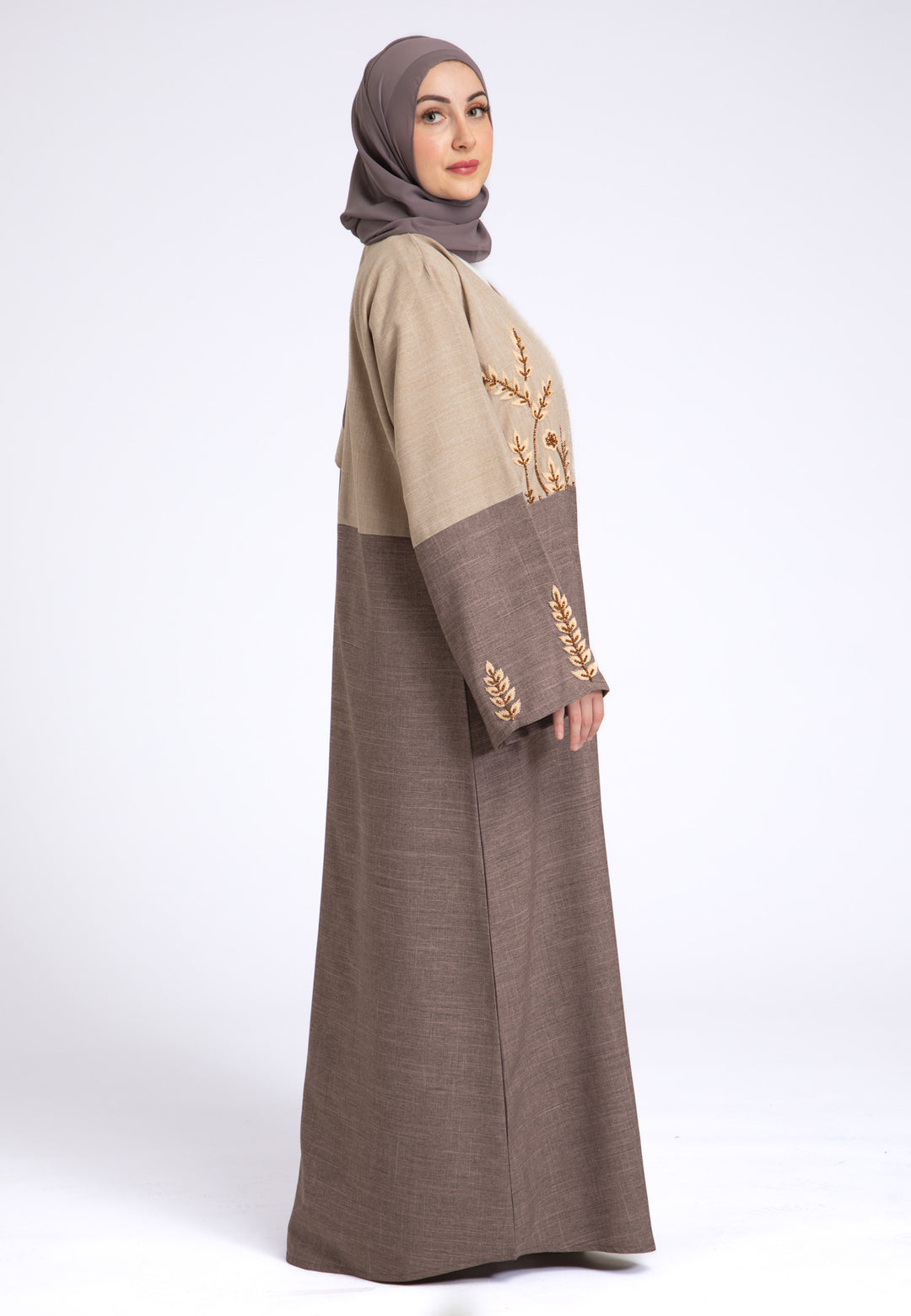 Two Toned Fawn & Taupe Linen Open Abaya