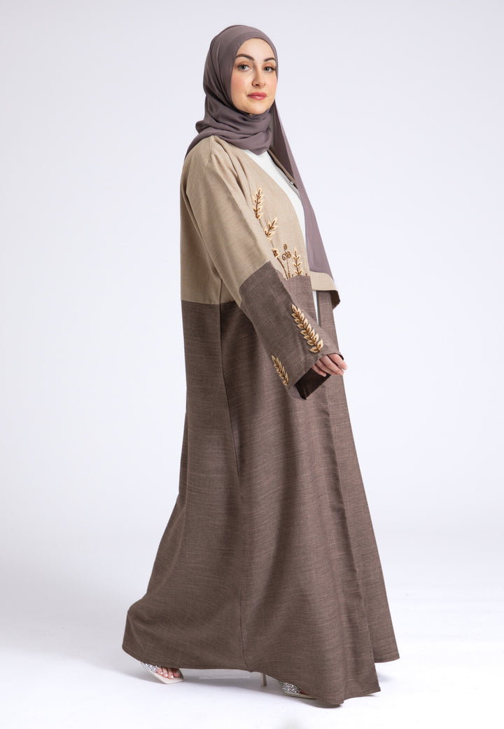 Two Toned Fawn & Taupe Linen Open Abaya