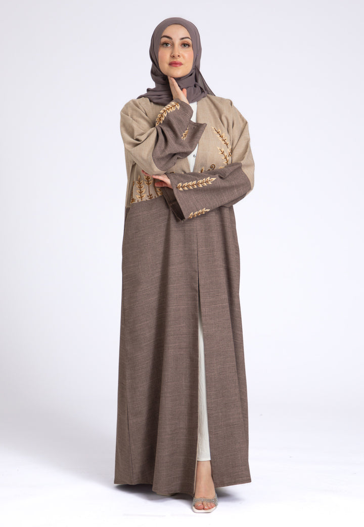 Two Toned Fawn & Taupe Linen Open Abaya