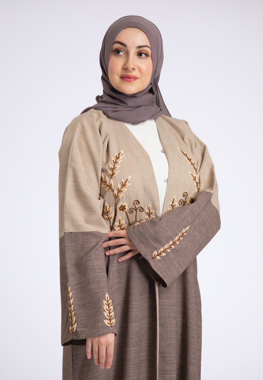 Two Toned Fawn & Taupe Linen Open Abaya