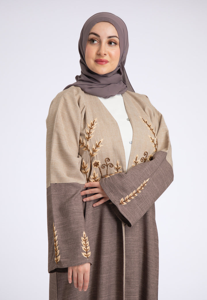 Two Toned Fawn & Taupe Linen Open Abaya